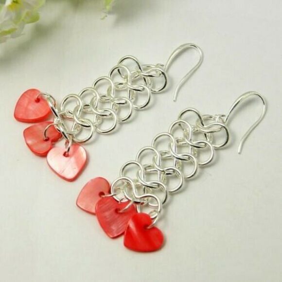 Hand Crafted Silver Chainmail Dangle Earrings Red Hearts Mother of Pearl Shell - Picture 1 of 1